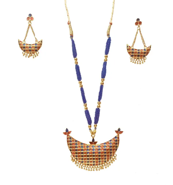 Assamese_Traditional_Gold_Plated_Red_Blue_Colour_Joonbiri_Tassel_Jewellery_Set_For_Women